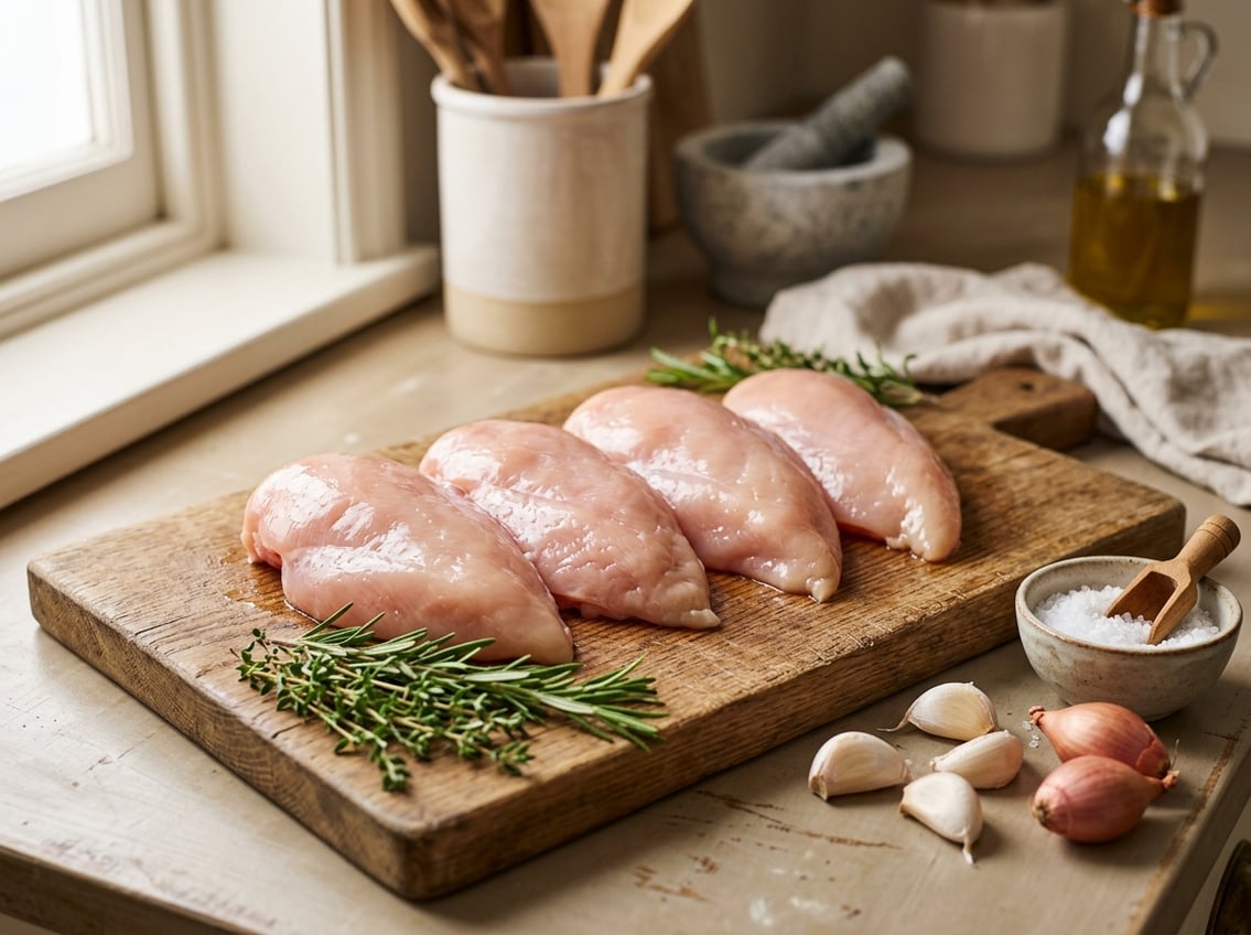 Raw chicken breasts on a wooden cutting board with fresh herbs and garlic cloves nearby.