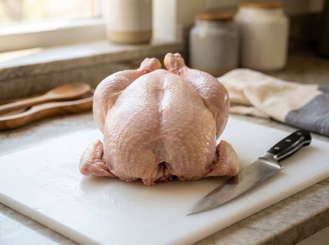 Whole raw chicken on a cutting board with a knife next to the breast area in a kitchen.