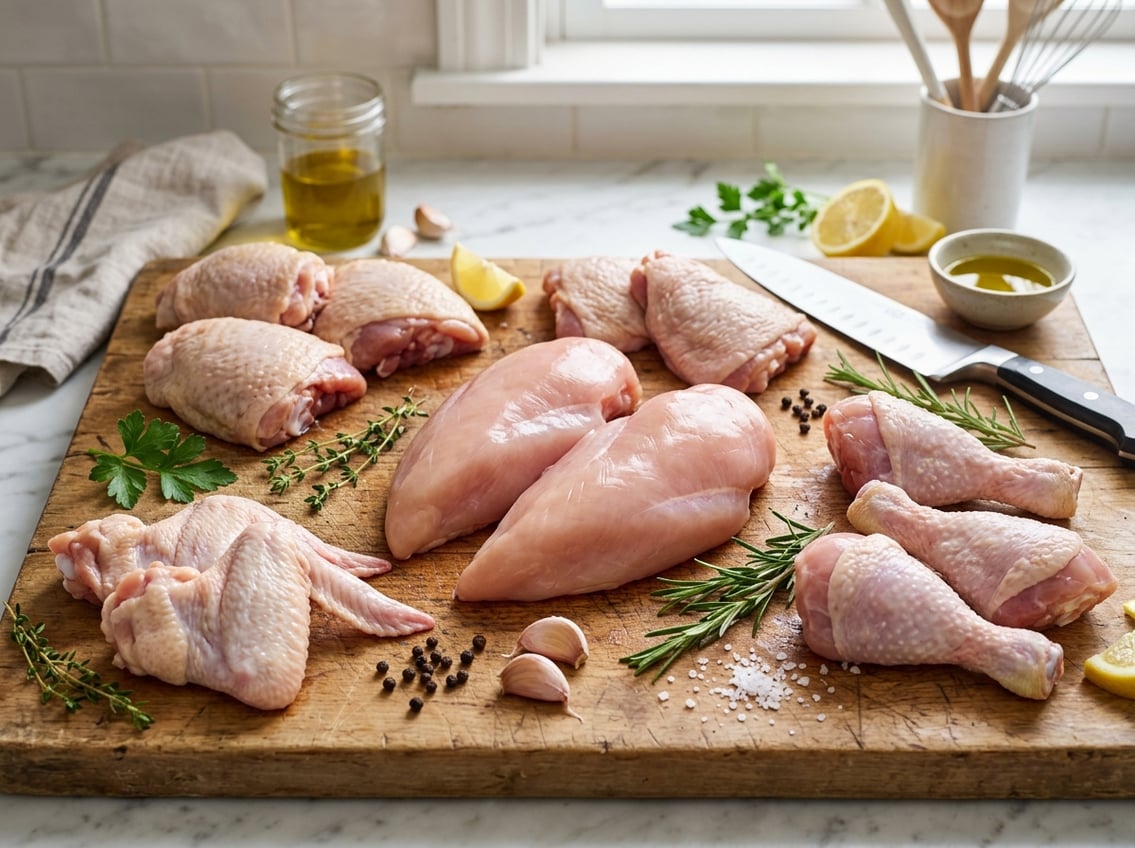 Close-up of raw chicken breasts on a wooden cutting board surrounded by other chicken cuts like thighs and wings with fresh herbs and a knife nearby.