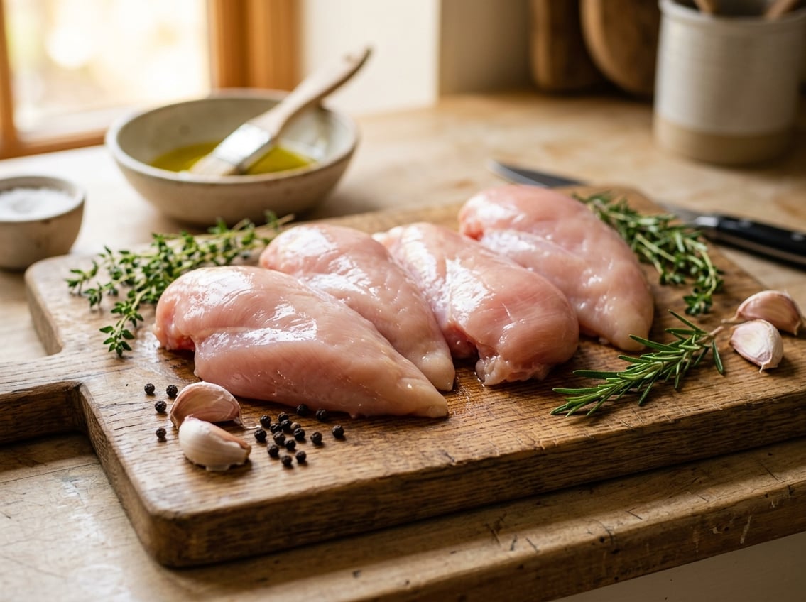 Close-up of raw chicken breasts on a wooden cutting board with fresh herbs and garlic cloves around them.