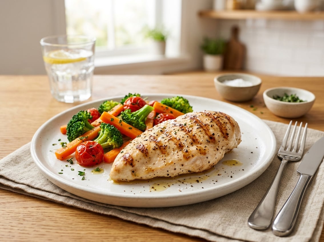 A cooked chicken breast served on a white plate with steamed vegetables on a dining table.