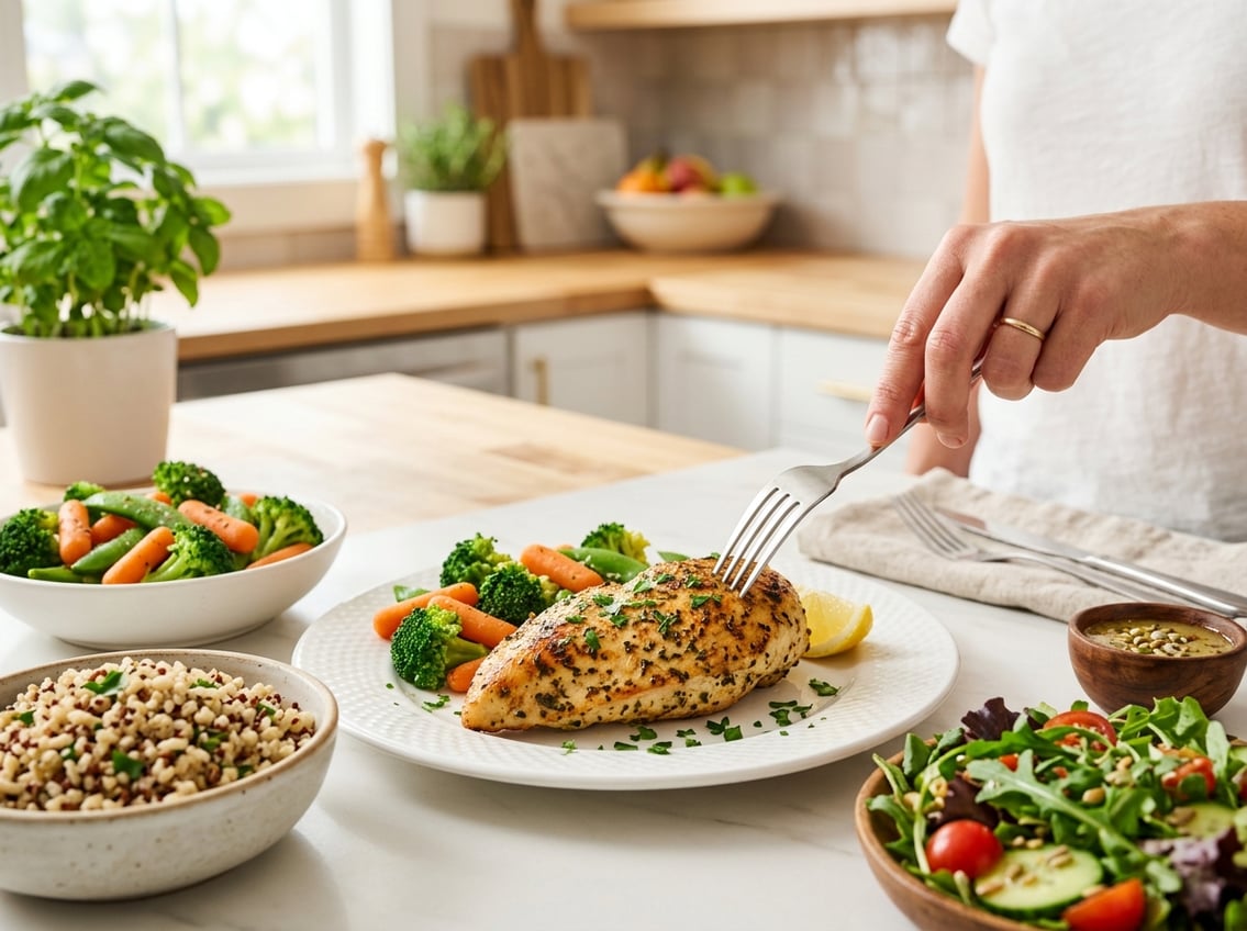 A cooked chicken breast on a white plate with healthy side dishes in a kitchen, with a hand reaching for the food.
