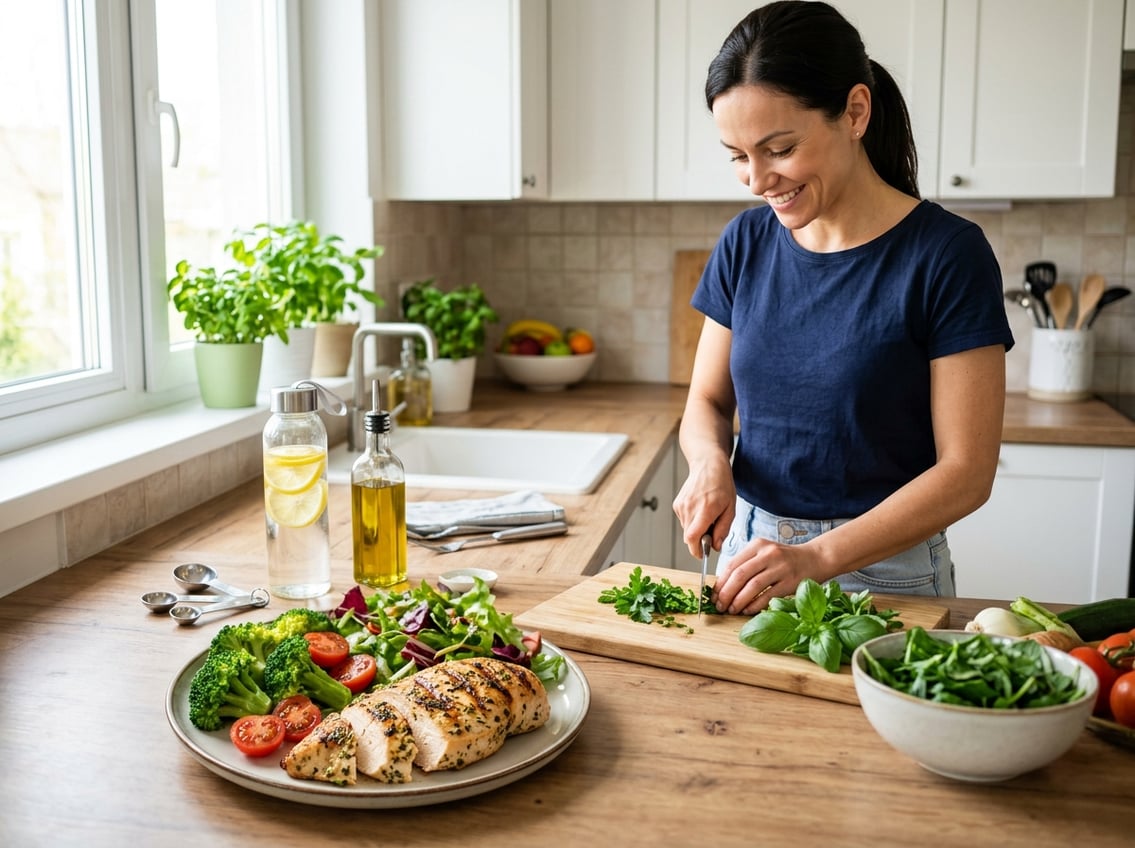 A person preparing a healthy meal with grilled chicken breast and fresh vegetables in a bright kitchen.