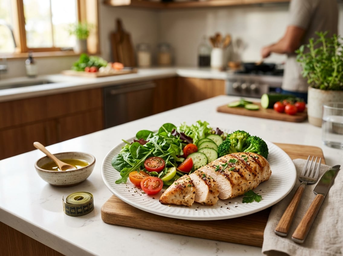 A cooked chicken breast on a white plate with fresh vegetables on a kitchen countertop.