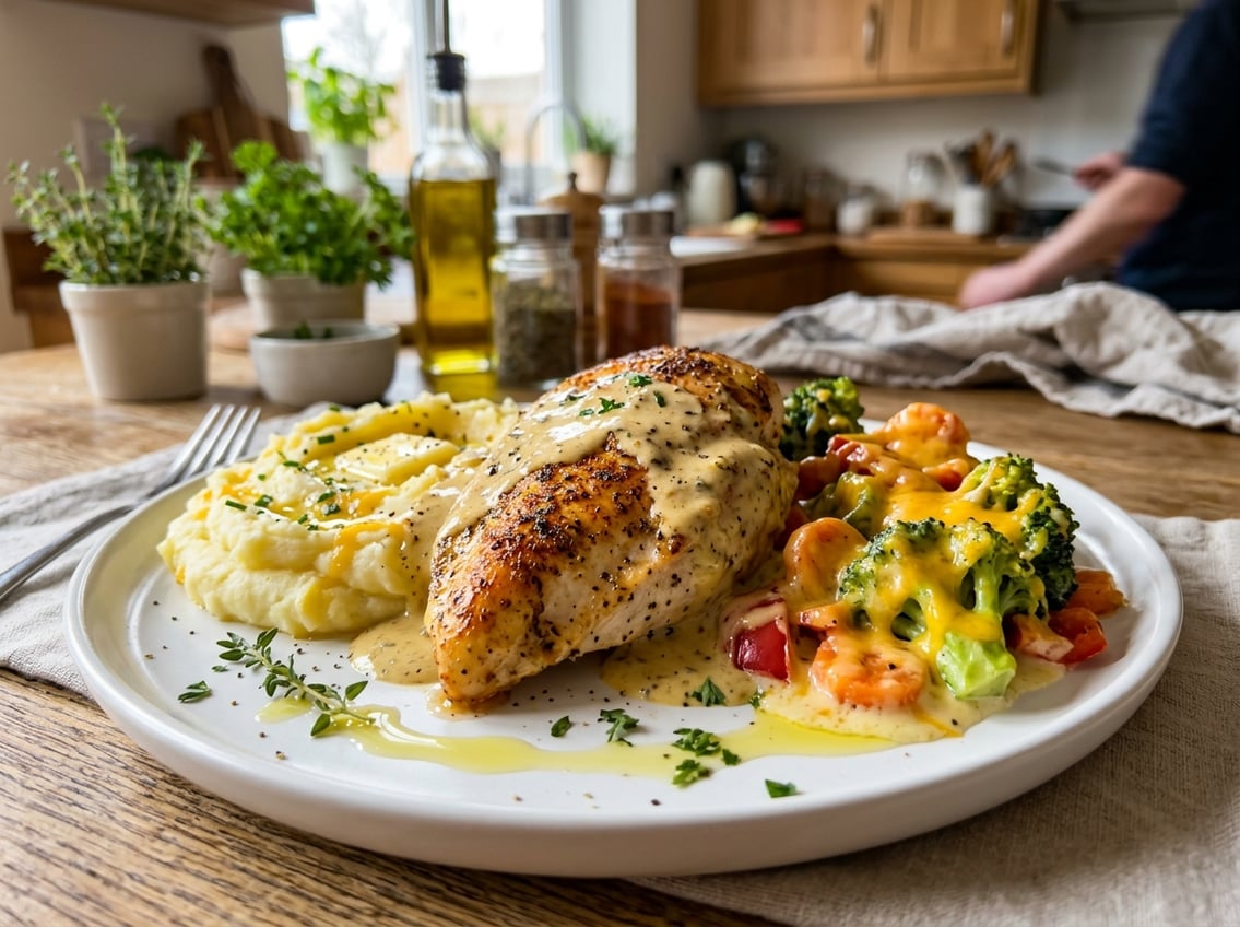 A cooked chicken breast on a plate with creamy sauce, melted cheese, and mashed potatoes in a kitchen setting.