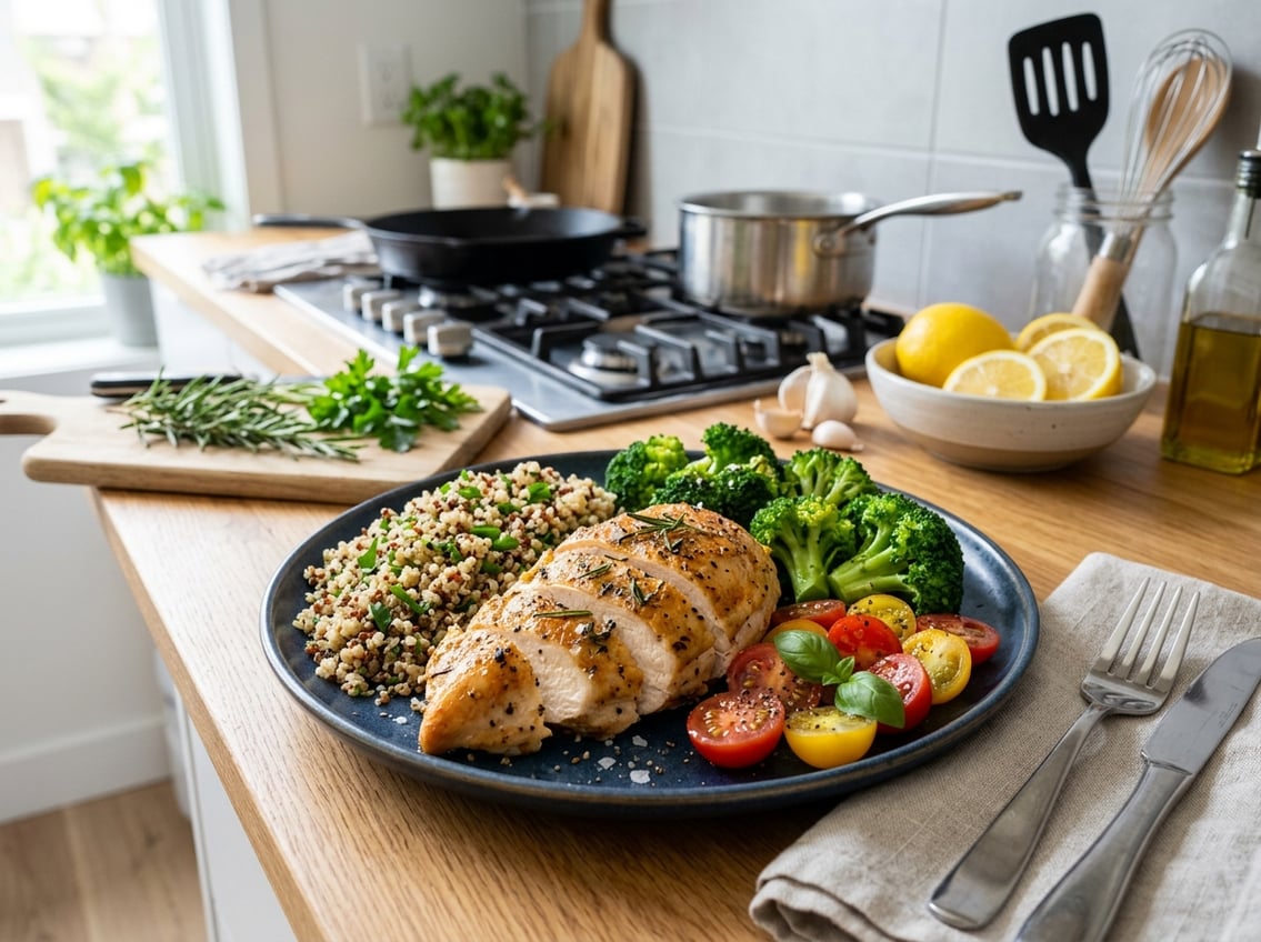 A plate with cooked chicken breast served with vegetables and quinoa on a kitchen table.