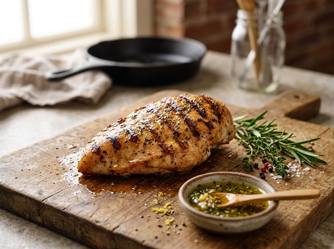 A cooked chicken breast resting on a wooden cutting board with fresh herbs and a small bowl of sauce nearby.