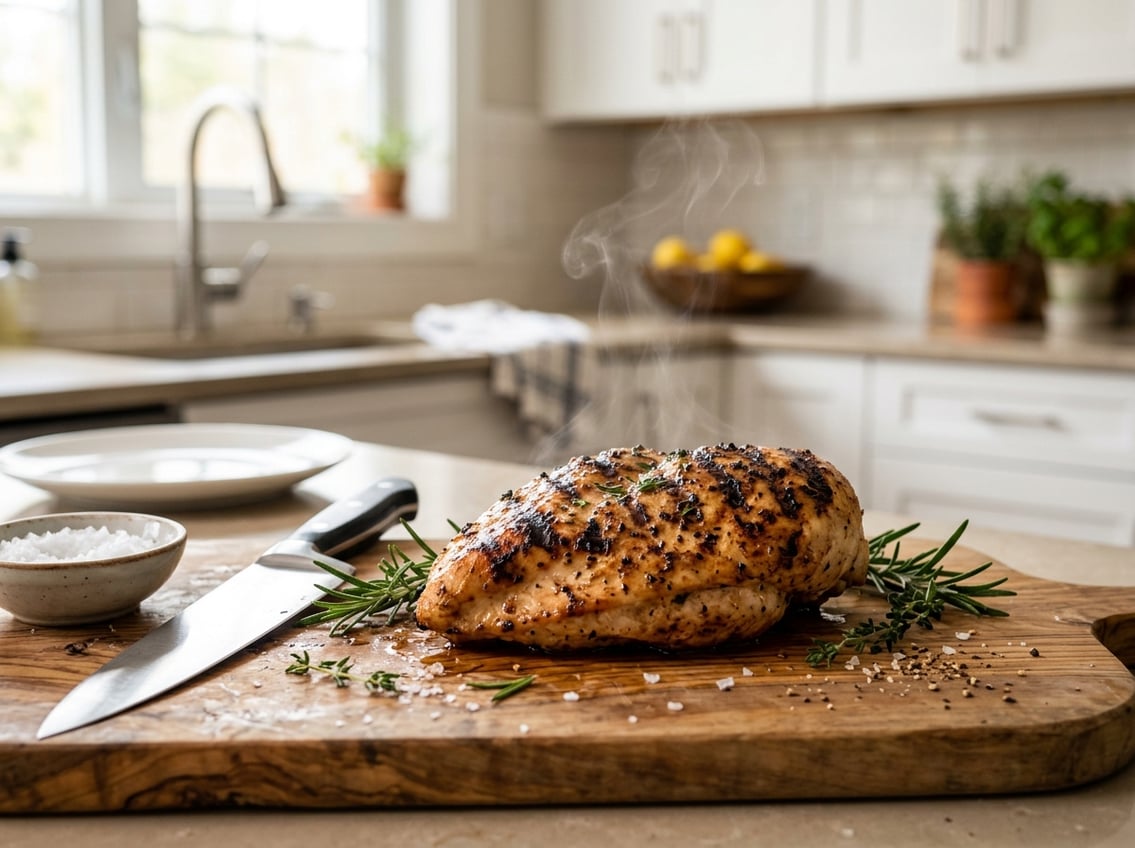 A cooked chicken breast resting on a wooden cutting board with fresh herbs and a knife nearby in a kitchen.