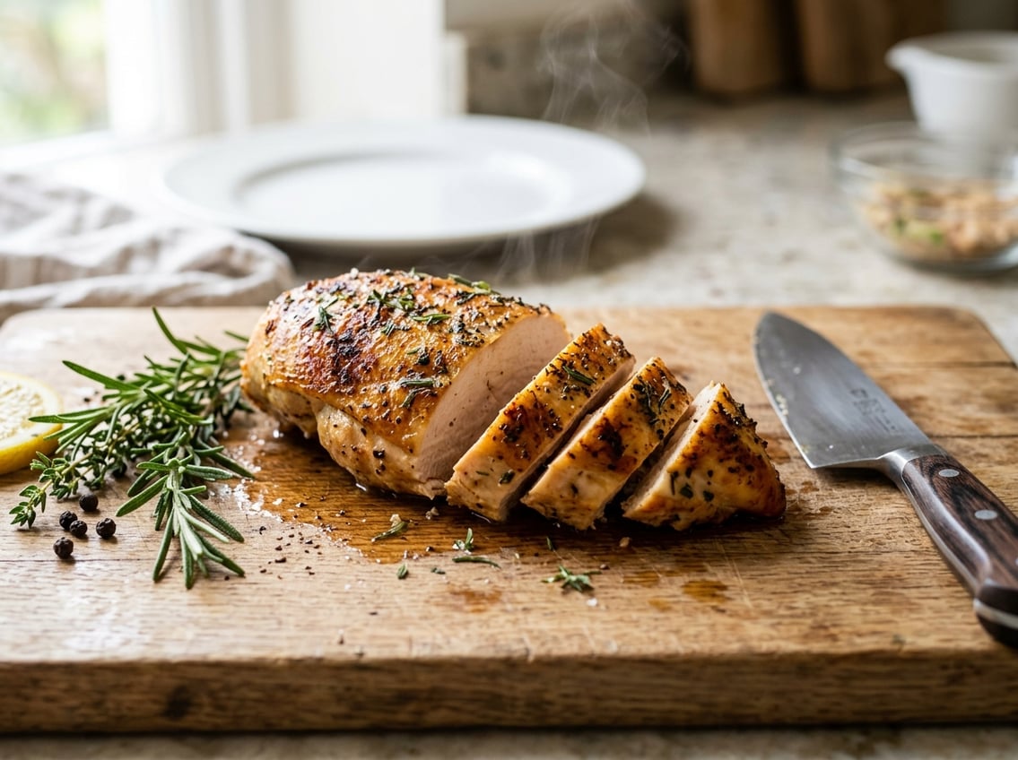A cooked chicken breast resting on a wooden cutting board with herbs and a knife nearby in a kitchen setting.