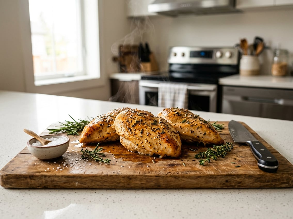 Cooked chicken breasts resting on a wooden cutting board with herbs and a knife in a bright kitchen.