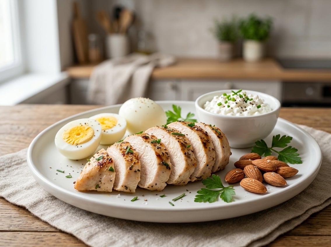 Close-up of a sliced cooked chicken breast on a plate with boiled eggs, almonds, and cottage cheese.