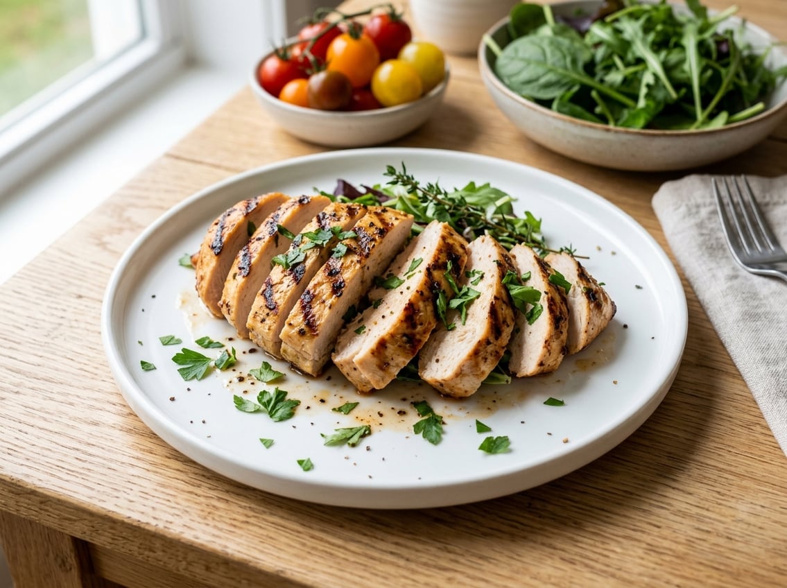 A sliced cooked chicken breast on a white plate garnished with fresh herbs, with vegetables in the background.