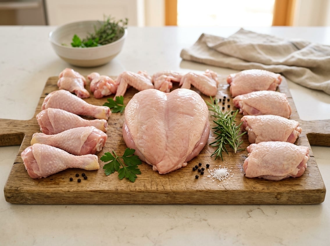 Various raw chicken cuts on a wooden cutting board, with a large chicken breast in the center surrounded by thighs, drumsticks, and wings, with fresh herbs on a kitchen countertop.