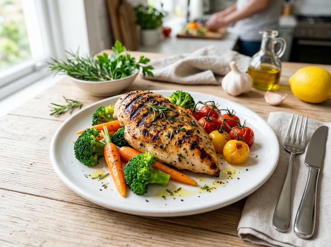 A plate with grilled chicken breast and steamed vegetables on a kitchen table with fresh ingredients in the background.