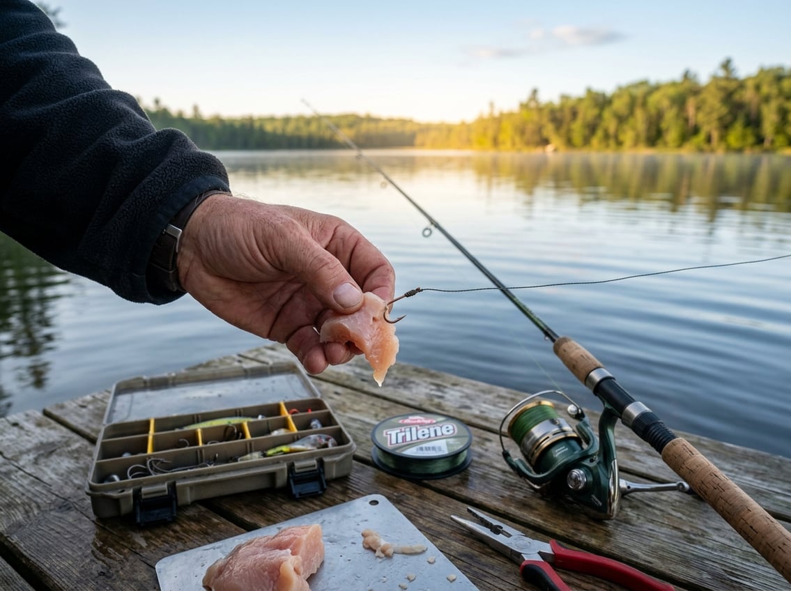 A person holding a raw chicken breast being attached to a fishing hook on a wooden dock by a calm lake with trees in the background.
