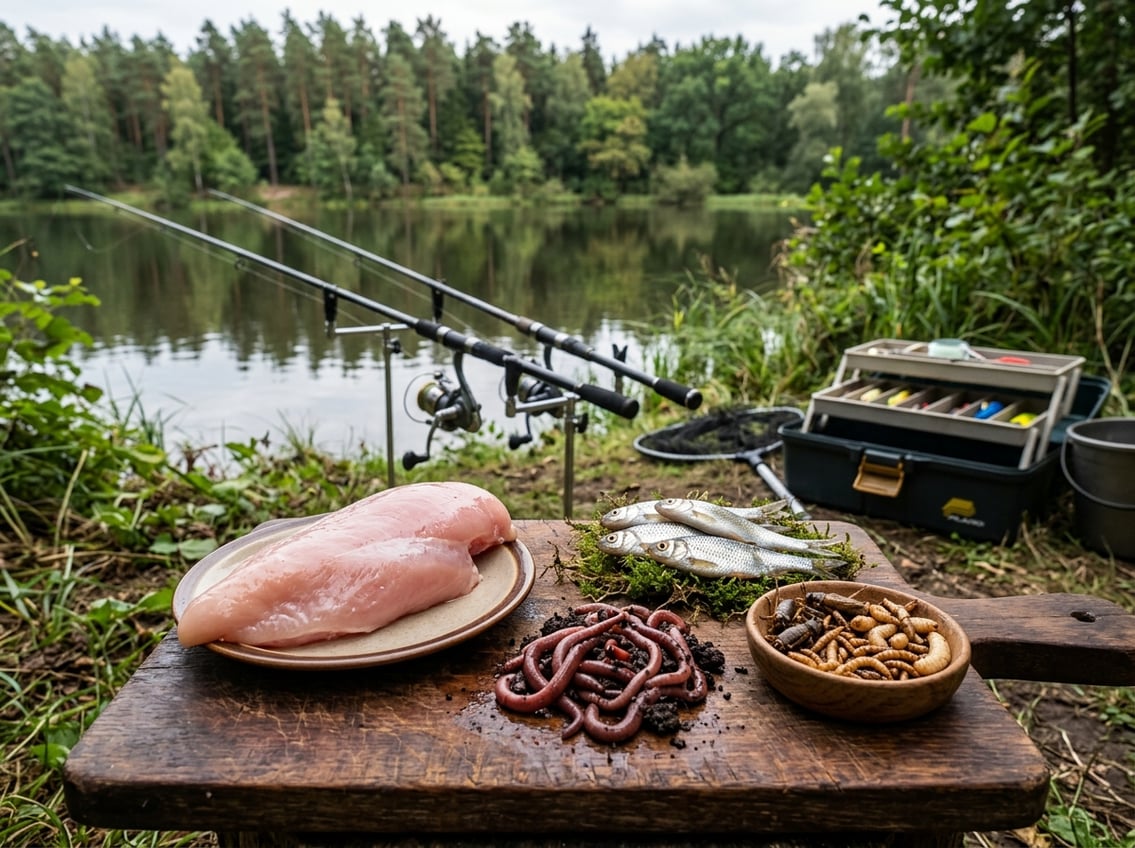 A wooden board with a raw chicken breast and various fishing baits like worms and small fish near a lake with fishing gear in the background.