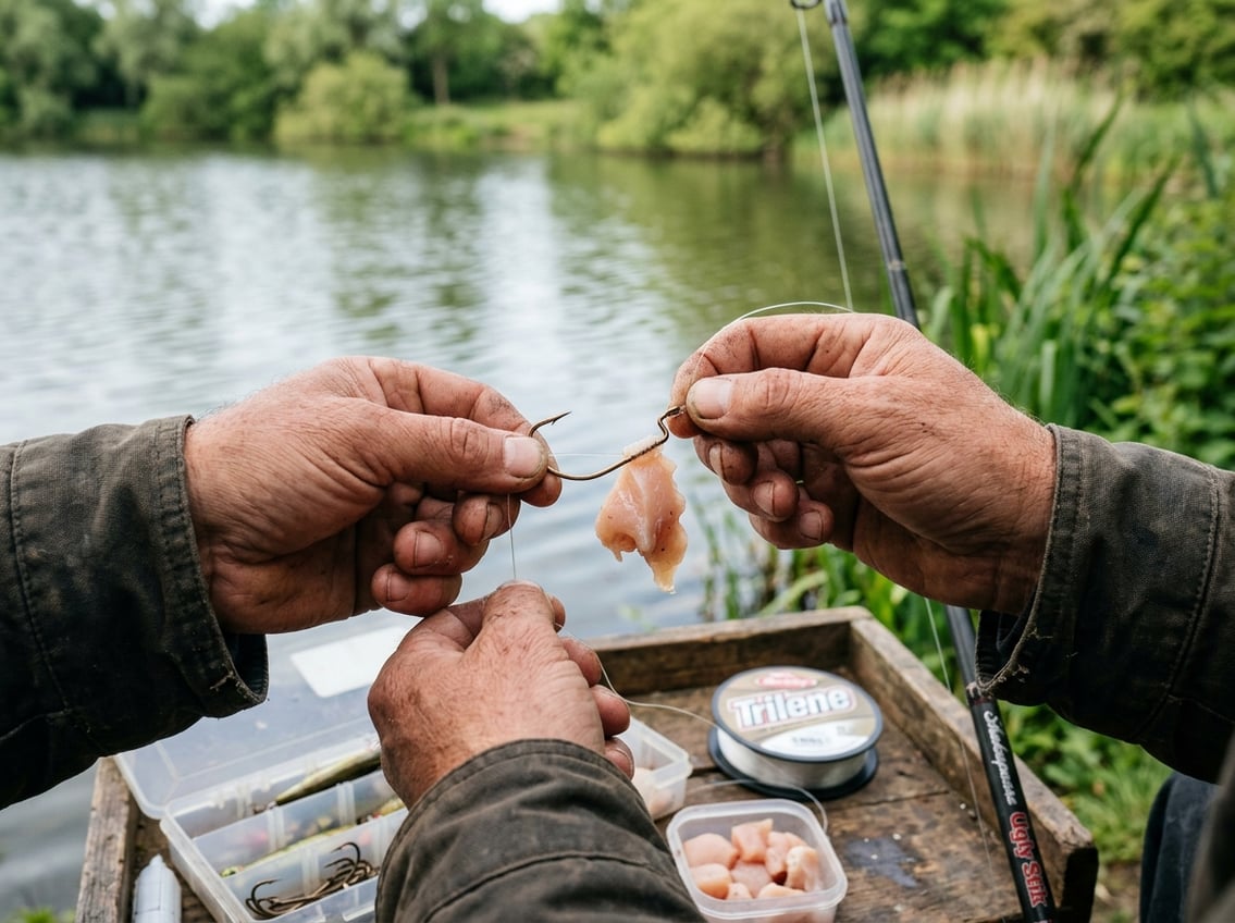 Close-up of a person attaching a piece of chicken breast to a fishing hook near a lake.