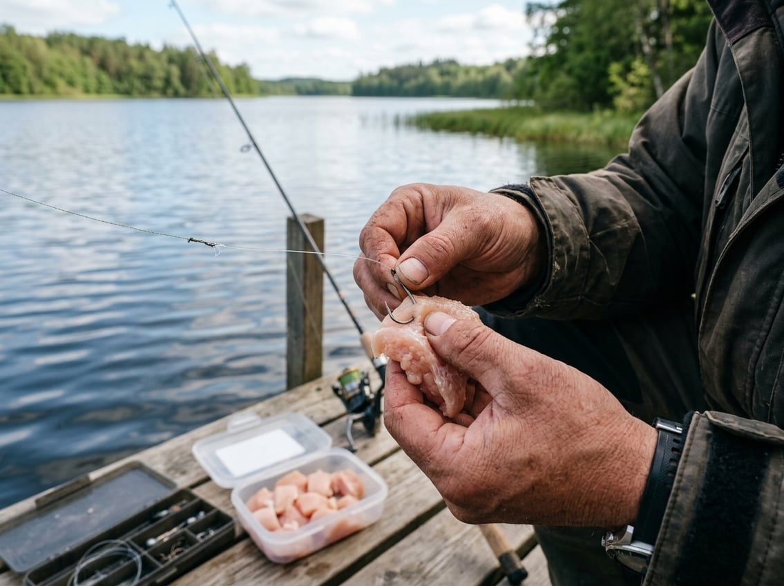 A fisherman's hand holding raw chicken breast near a fishing hook by a calm lake with fishing gear nearby.