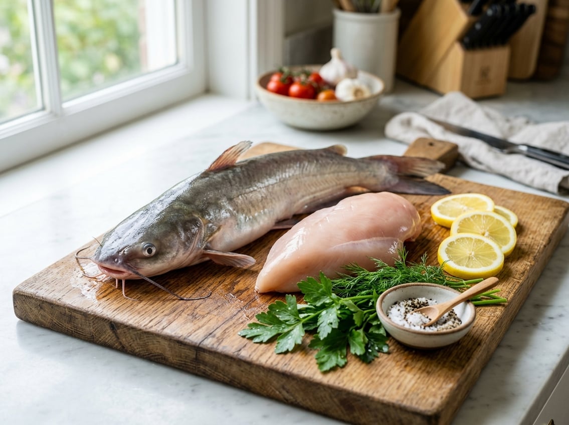 Raw chicken breast and whole catfish on a wooden cutting board with fresh herbs and lemon slices in a kitchen setting.