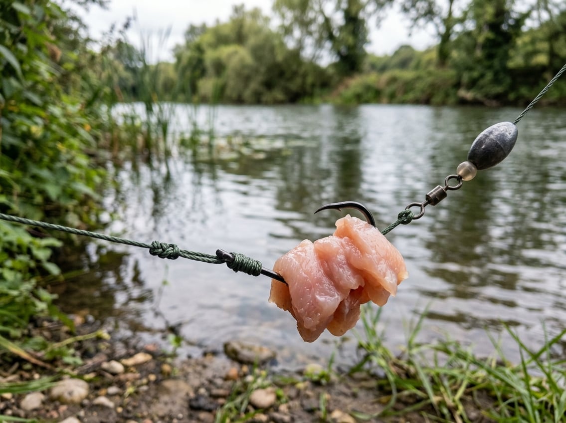 Close-up of a fishing rig with chicken breast bait near a calm river.