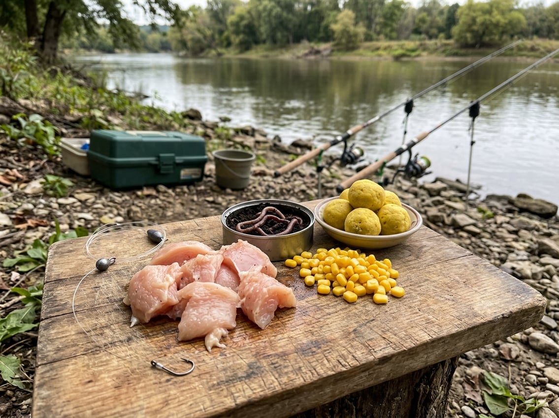 Close-up of fresh chicken breast and traditional catfish baits like worms and corn on a wooden board near fishing gear by a riverbank.