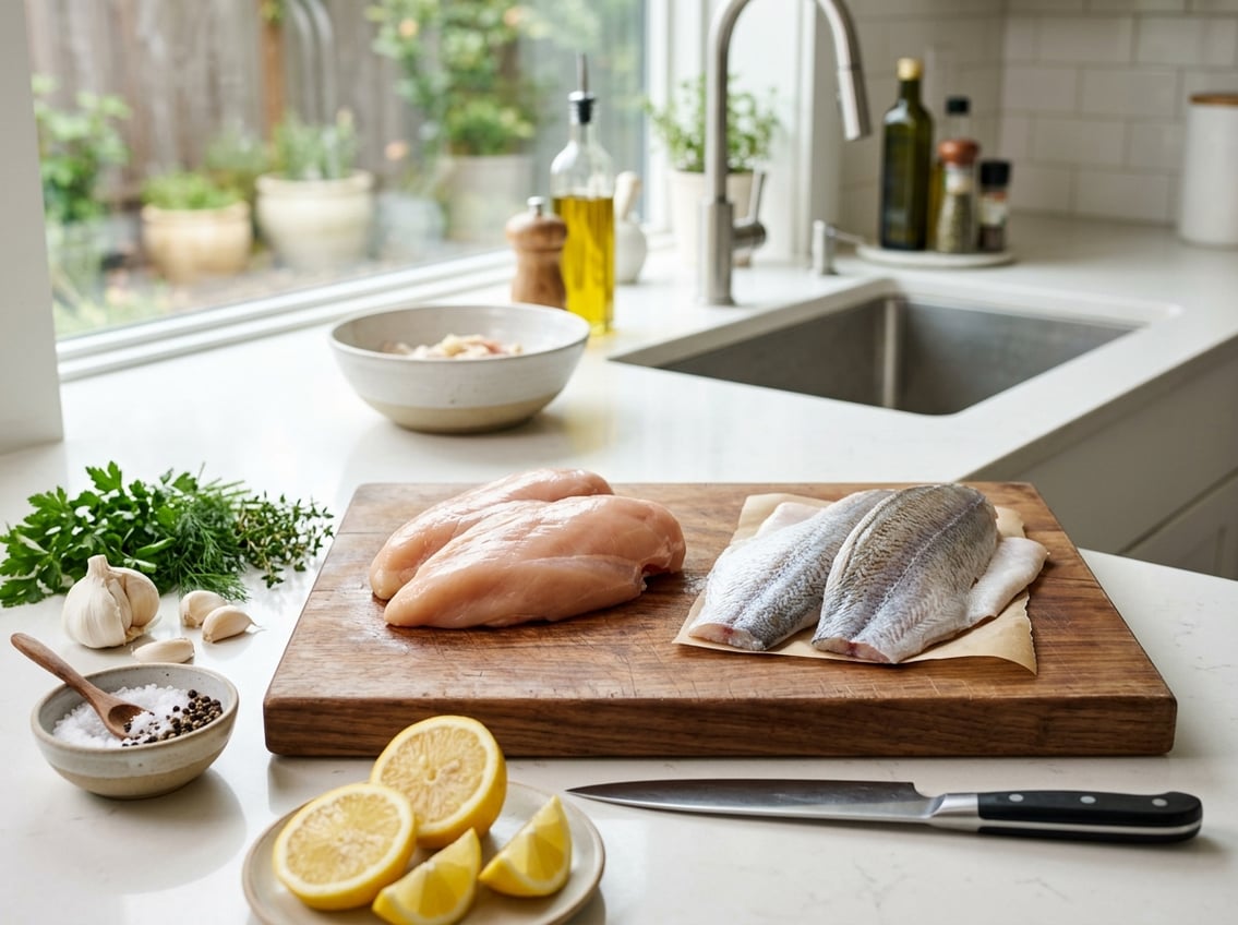 A kitchen scene with raw chicken breasts and catfish fillets on a cutting board surrounded by cooking ingredients.