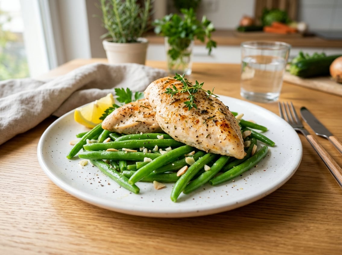 A plate with cooked chicken breast and green string beans on a wooden table.