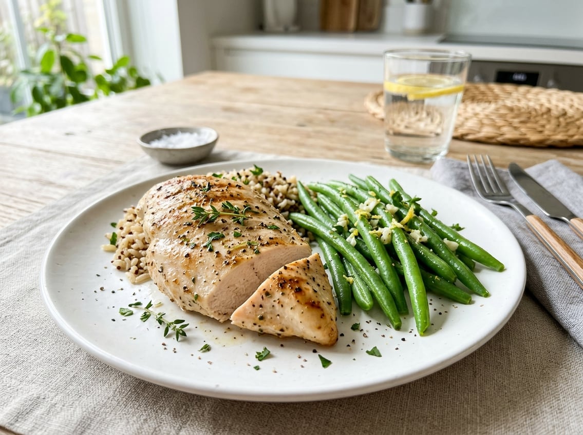 A plate with cooked chicken breast and fresh green string beans on a table.