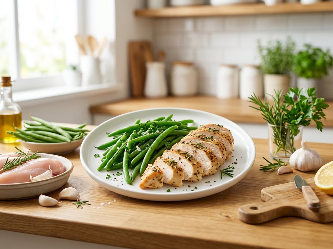 A plate of cooked chicken breast and green string beans on a kitchen countertop with fresh ingredients around it.