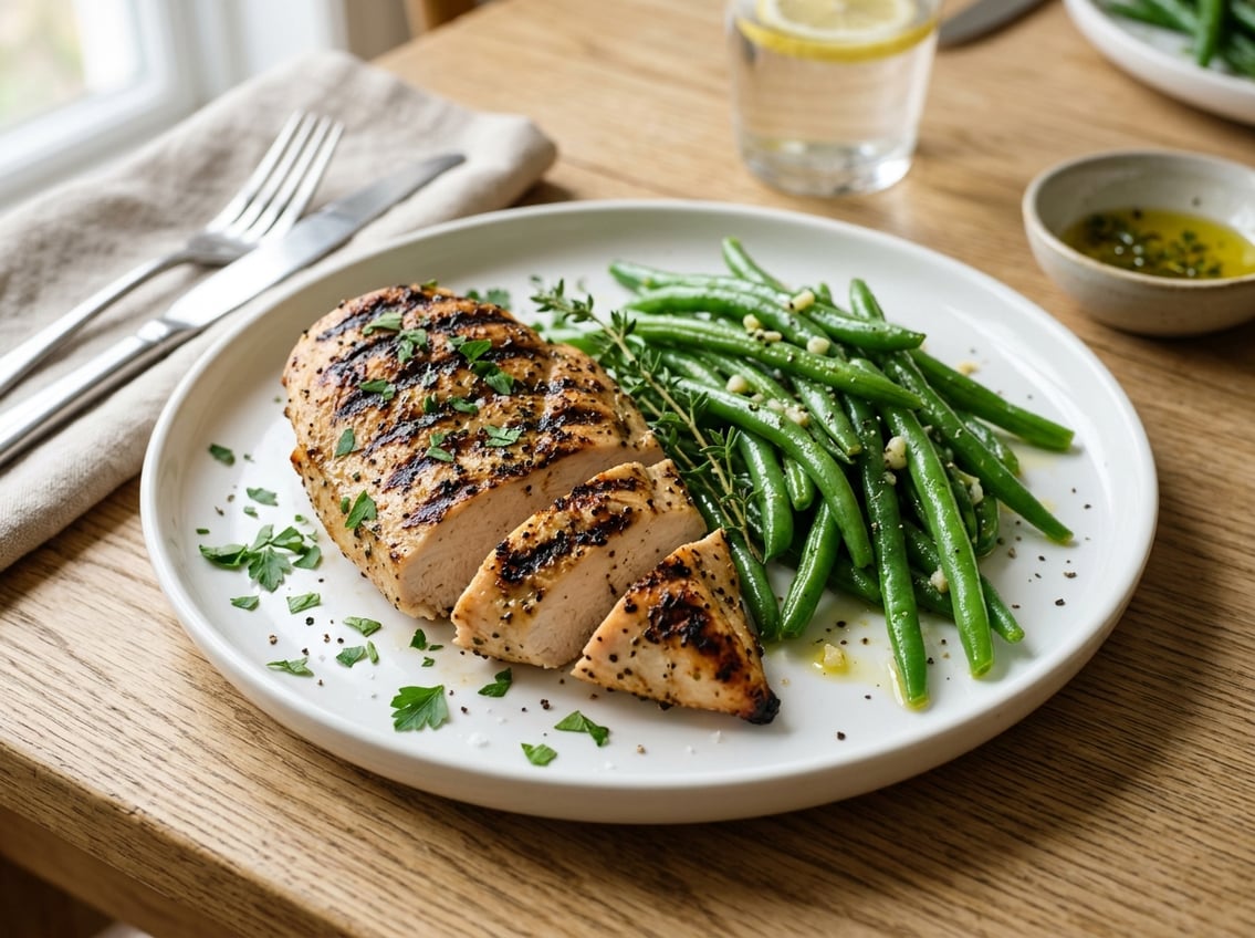 A plate with grilled chicken breast and fresh green string beans on a wooden table.