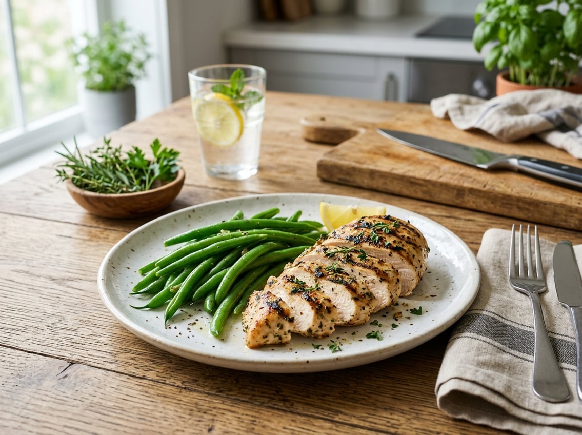 A plate with grilled chicken breast and green string beans on a wooden table in a kitchen setting.