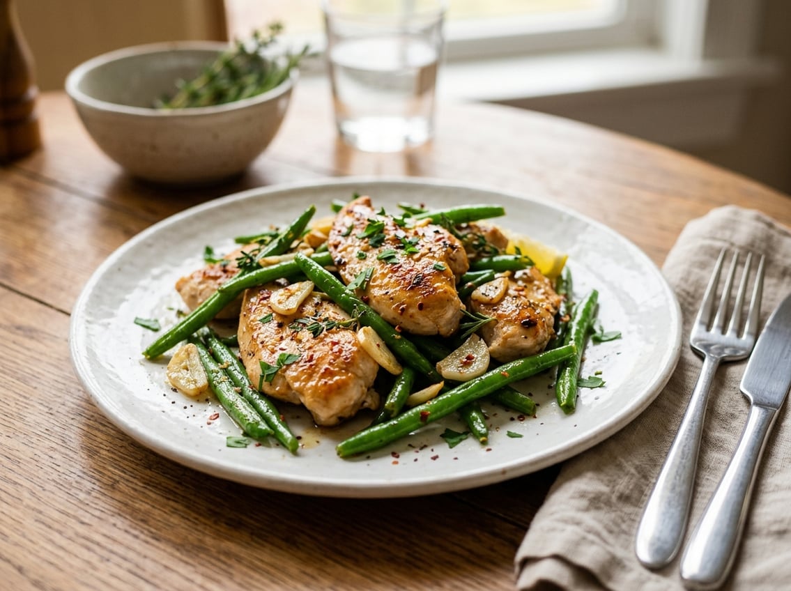 A plate of cooked chicken breast with green string beans on a table.