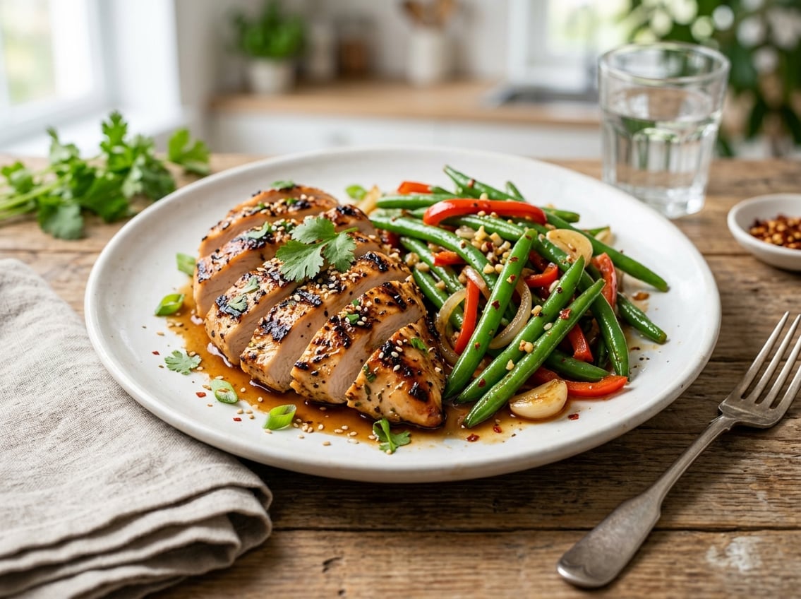 A plate of grilled chicken breast served with sautéed green string beans on a table.