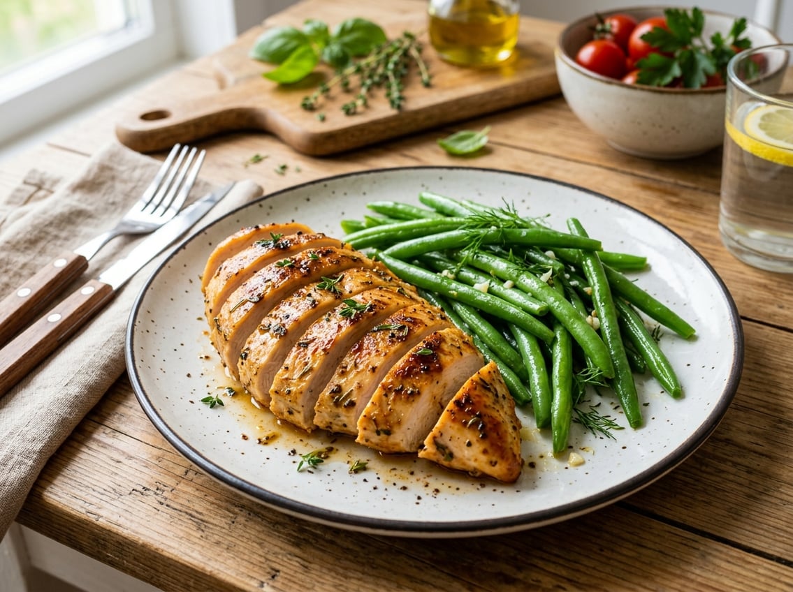 A plate with cooked chicken breast and steamed string beans on a kitchen table with fresh herbs and cooking utensils in the background.