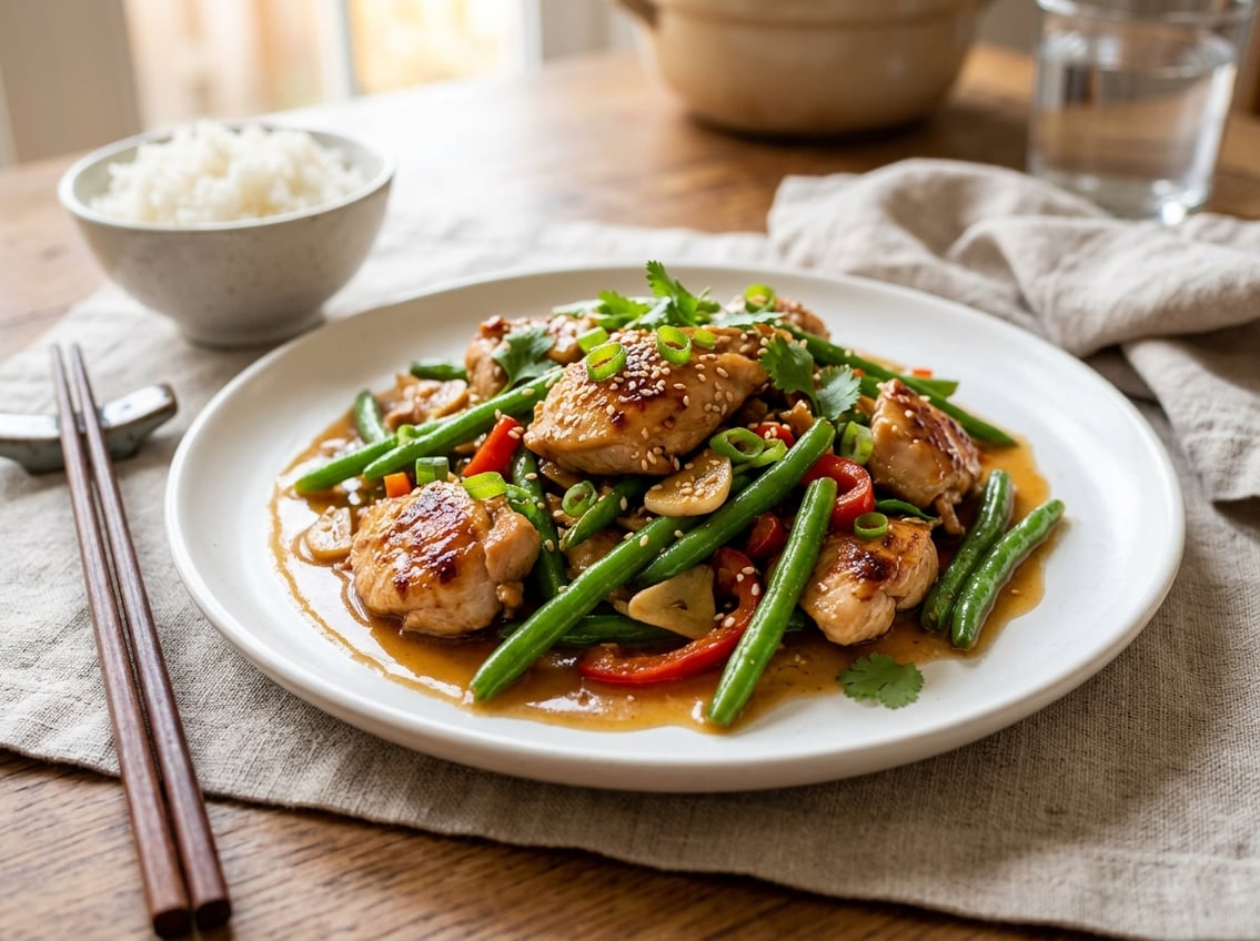 A plate of cooked chicken breast and string beans arranged attractively on a white plate.