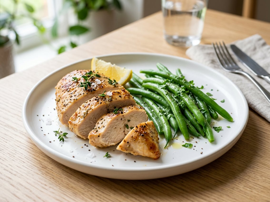 A plate with cooked chicken breast and fresh green string beans arranged side by side.