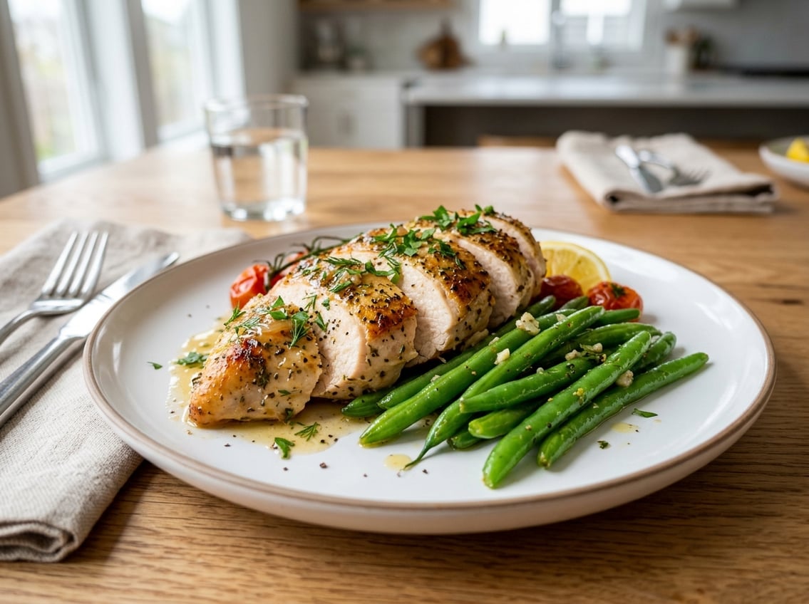 A plate with cooked chicken breast and green string beans garnished with herbs on a table.