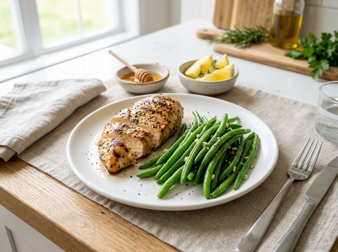 A plate of grilled chicken breast with green string beans on a kitchen countertop, with bowls of honey and lemon wedges in the background.