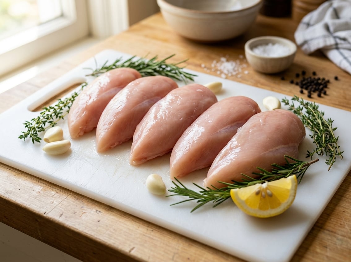 Close-up of large raw chicken breasts on a white cutting board with fresh herbs and lemon nearby.