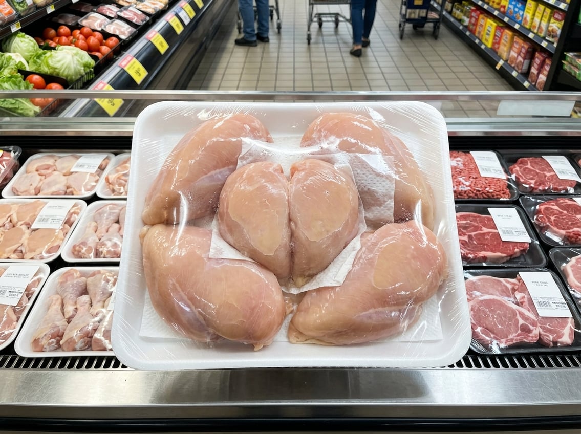Overhead view of oversized chicken breasts on a tray in a grocery store meat section surrounded by other packaged meats and fresh produce.