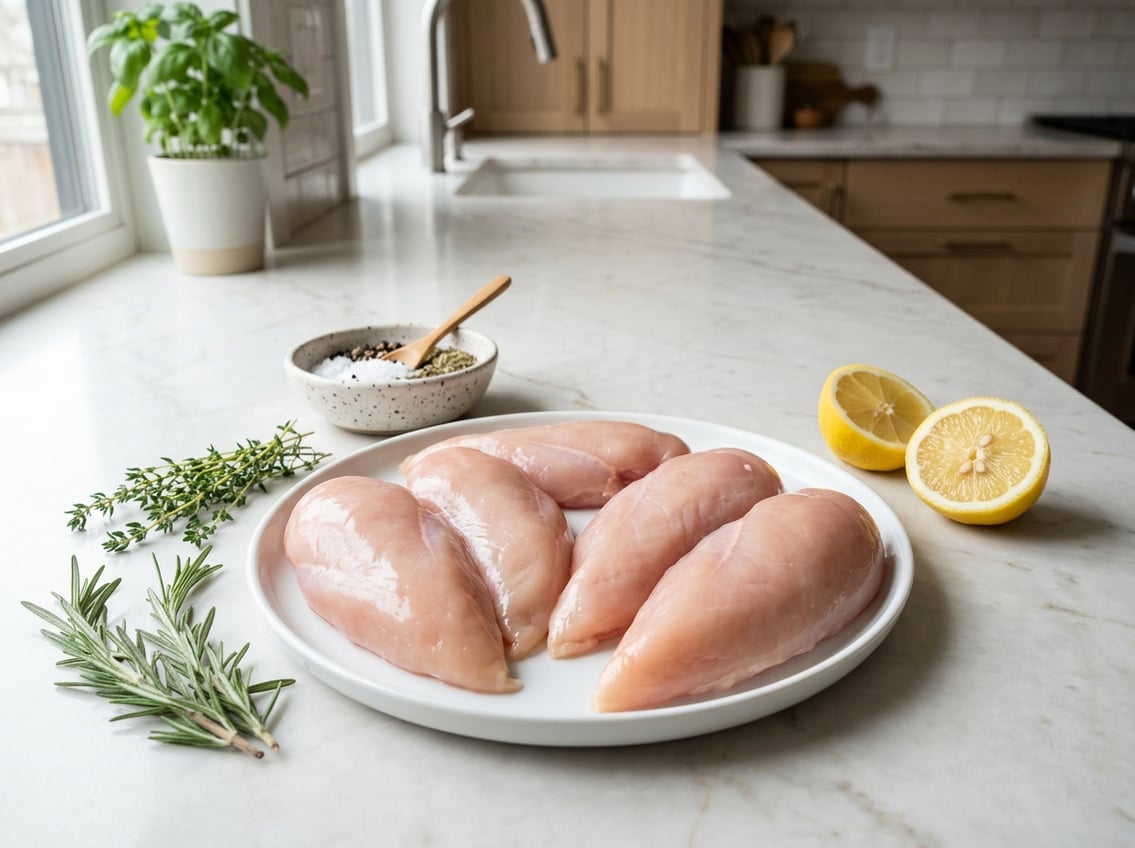 A plate of large raw chicken breasts on a kitchen countertop with fresh herbs and lemon nearby.