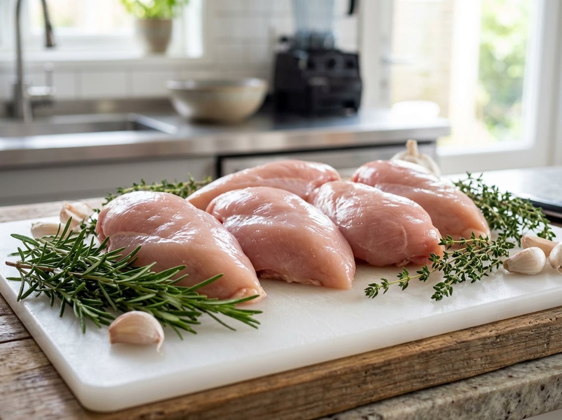 Close-up of large raw chicken breasts on a cutting board with fresh herbs and garlic in a kitchen setting.