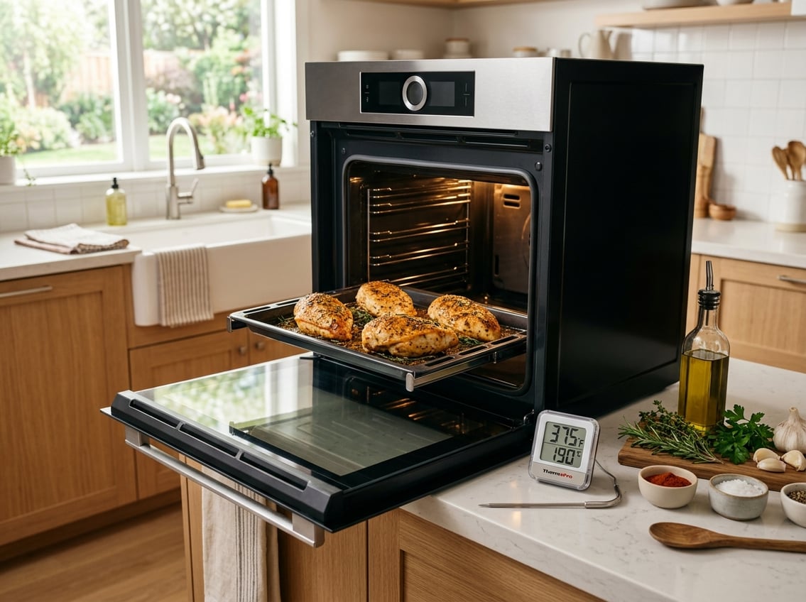A kitchen scene showing chicken breasts baking in an oven with a digital thermometer displaying the temperature and fresh ingredients on the countertop.