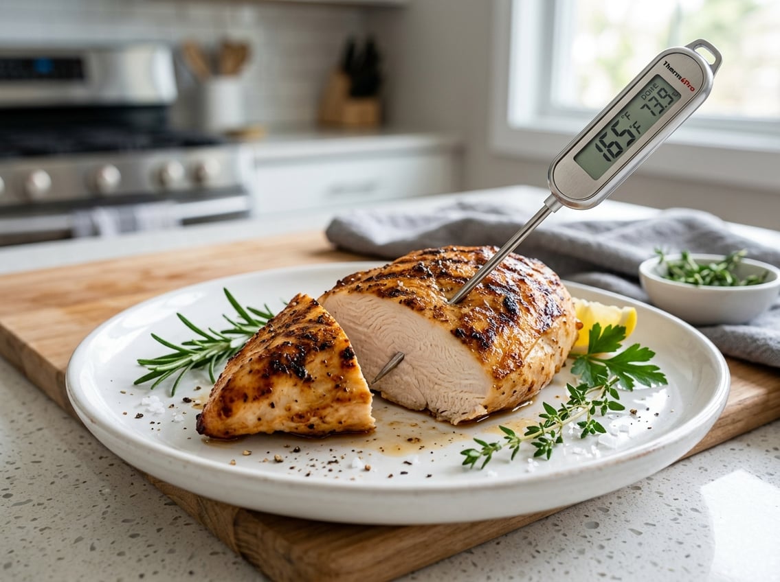 A cooked chicken breast on a plate with a digital meat thermometer inserted, surrounded by fresh herbs on a kitchen countertop.