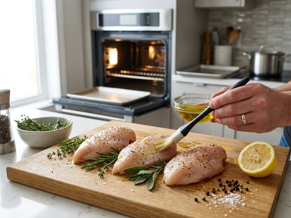 Close-up of raw chicken breasts on a cutting board with herbs, lemon, and olive oil in a kitchen near an open oven.