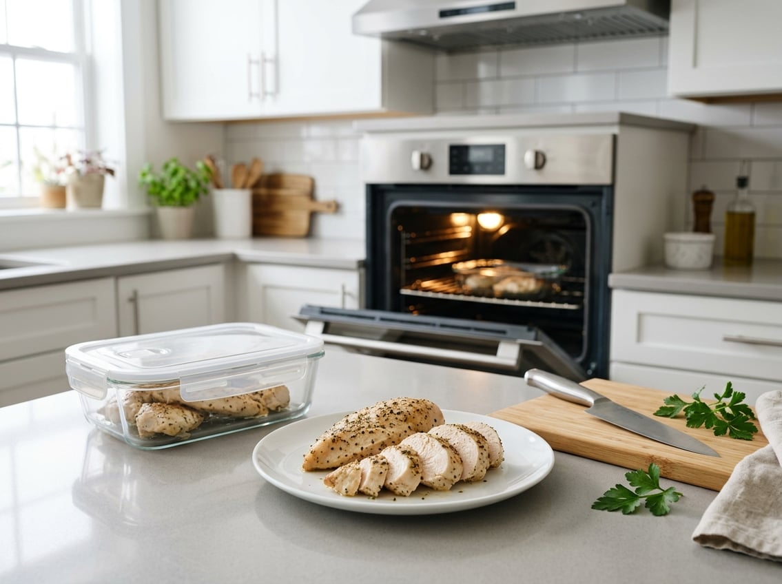 Cooked chicken breast on a plate next to a glass container of leftovers on a kitchen counter with an open oven in the background.