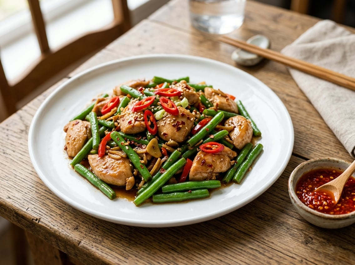 A plate of cooked chicken breast and green string beans garnished with red chili flakes and fresh chili slices, with a small bowl of chili sauce on the side.