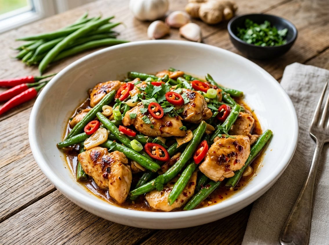 A bowl of spicy string bean chicken breast with red chili peppers and garlic on a wooden table surrounded by fresh ingredients.
