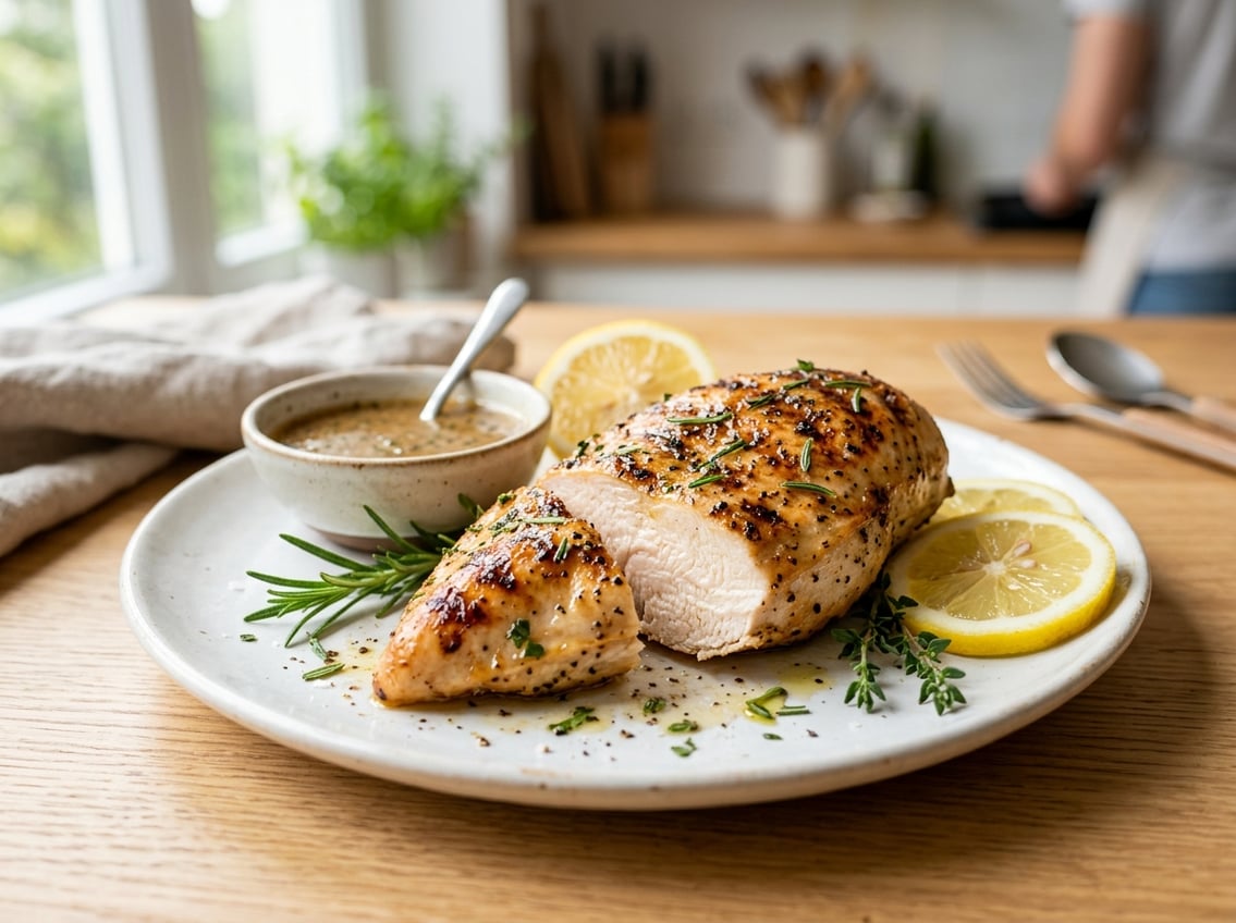 Close-up of a cooked chicken breast on a white plate with herbs and lemon slices in a kitchen setting.