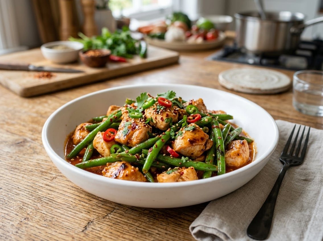 A bowl of string beans and chicken breast coated in spicy sauce on a wooden table.